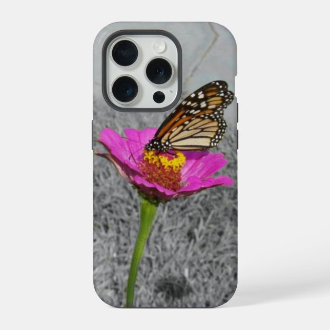 Funda Para iPhone Mariposa monarca en zinnia rosa (Reverso )