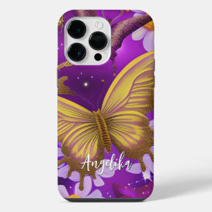 Funda Para iPhone 14 Pro Max Mariposa morada y dorada con nombre personalizado