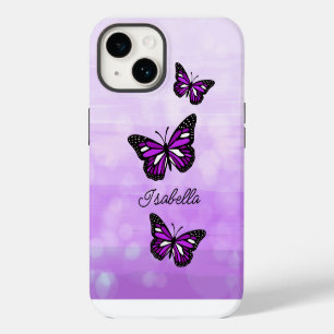 Funda Para iPhone 14 Mariposa Morada y Tu Nombre Personalizado   