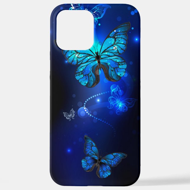 Funda Para iPhone Mariposa morfo en el fondo oscuro (Reverso )