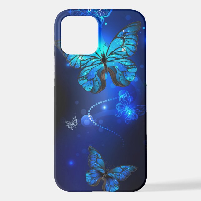 Funda Para iPhone Mariposa morfo en el fondo oscuro (Reverso )