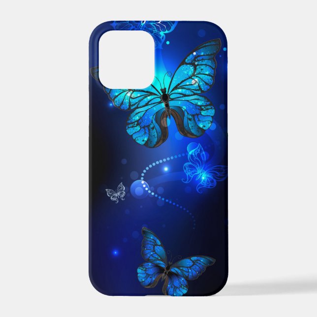Funda Para iPhone Mariposa morfo en el fondo oscuro (Reverso )