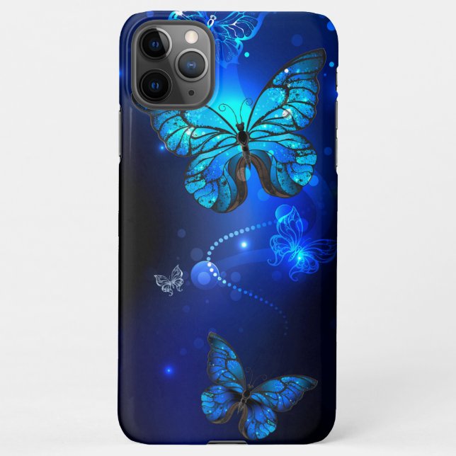 Funda Para iPhone Mariposa morfo en el fondo oscuro (Reverso)
