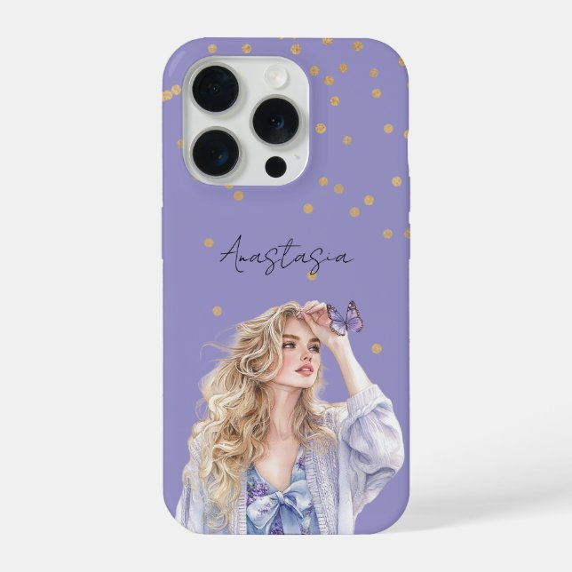 Funda Para iPhone Mariposa Rubia Confeti Oro Púrpura (Reverso )