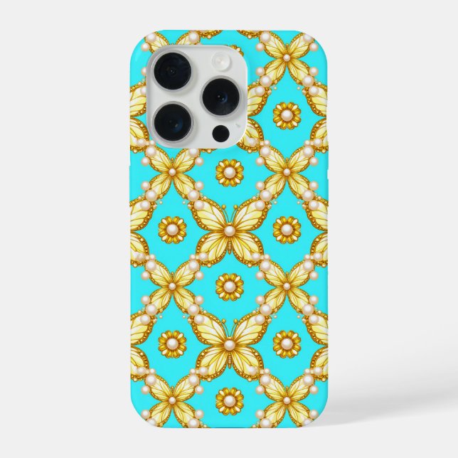Funda Para iPhone Mariposa Turquesa Luxe ✨ Motivo Ornamentado en Oro (Reverso )