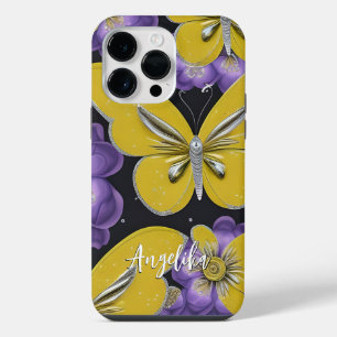 Funda Para iPhone 14 Pro Max Mariposas amarillas personalizadas y flores morada