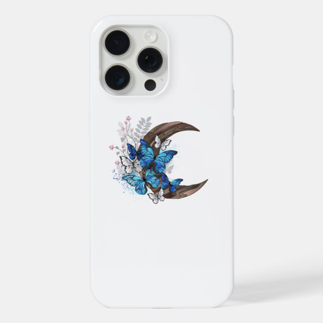 Funda Para iPhone Mariposas azules en creciente de madera (Reverso )