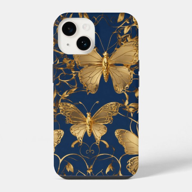 Funda Para iPhone Mariposas azules metálicas con vinos de oro (Reverso )