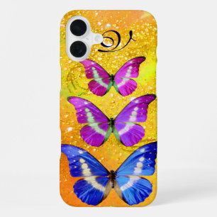 FUNDA PARA iPhone 16 PLUS MARIPOSAS AZULES PURPURA ROSADAS EN AMARILLO ORO