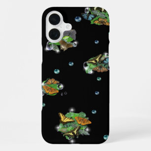 Funda Para iPhone 16 Plus Mariposas con Hojas Gotitas de Lluvia Estrellas y 