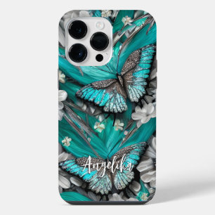 Funda Para iPhone 14 Pro Max Mariposas de plata teal floral con nombre personal