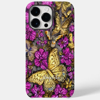 Funda Para iPhone 14 Pro Max Mariposas doradas rosadas y moradas con nombre per