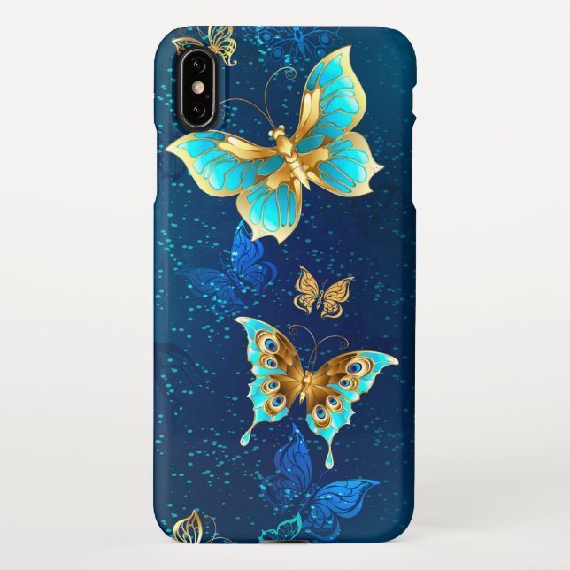 Funda Para iPhone Mariposas doradas sobre fondo azul (Reverso)
