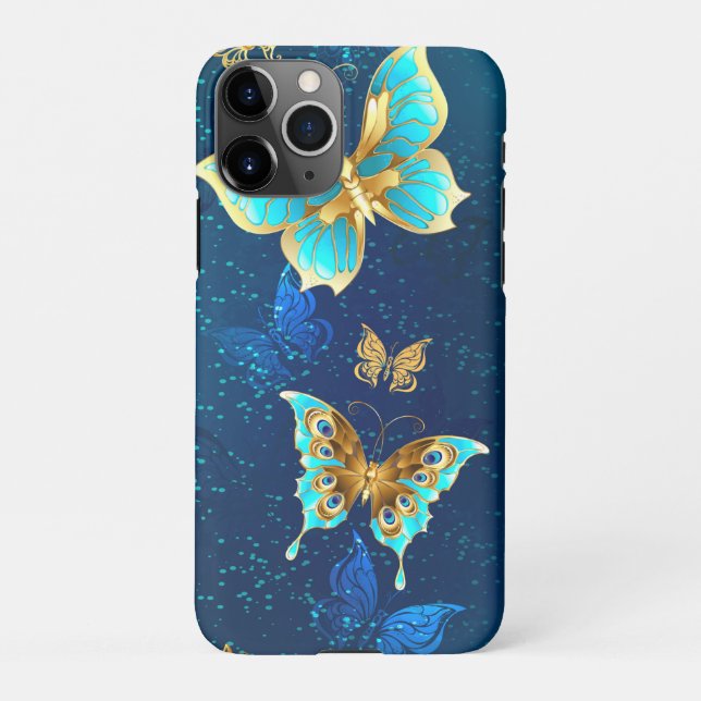 Funda Para iPhone Mariposas doradas sobre fondo azul (Reverso)