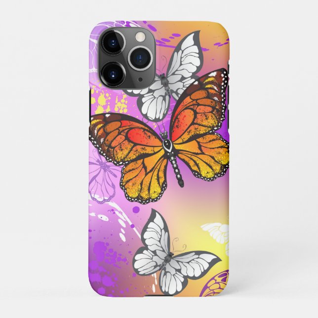 Funda Para iPhone Mariposas monarcas en fondo morado (Reverso)