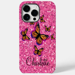 Funda Para iPhone 14 Pro Max Mariposas monogramáticas con purpurina brillante r