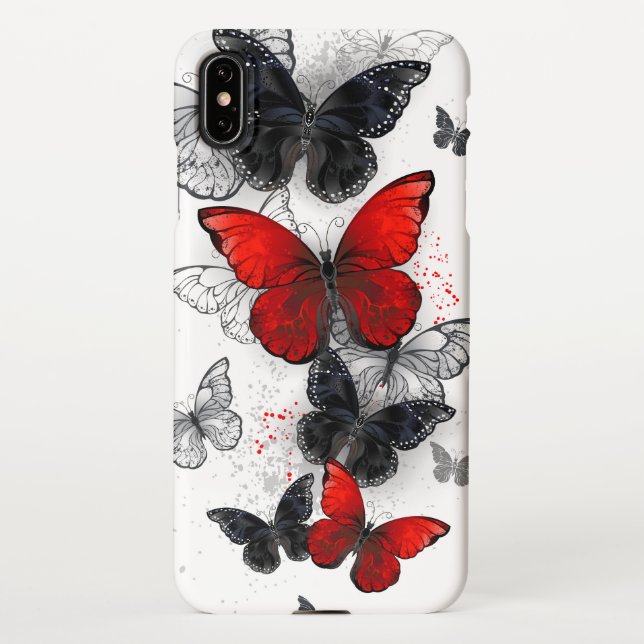 Funda Para iPhone Mariposas Morpho voladoras negras y rojas (Reverso)