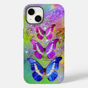 FUNDA PARA iPhone 14 MARIPOSAS ROSADAS PURPURA AZUL,VERDE CHISPAS DE OR