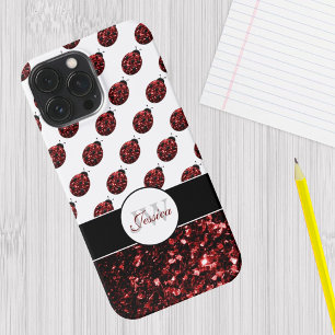 Funda Para iPhone 16 Pro Max Mariquita roja oscura monograma con brillo falso