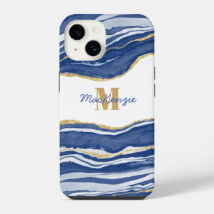 Funda Para iPhone 14 Mármol Azul Ágata Glitter Nombre Monograma Dorado