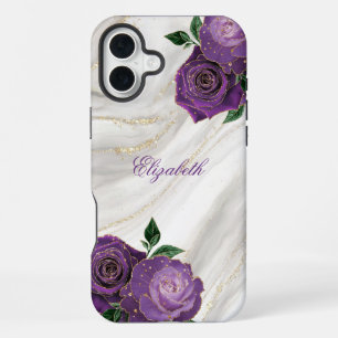 Funda Para iPhone 16 Plus Mármol Blanco Floral Púrpura