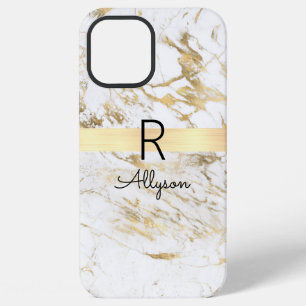 Funda Para iPhone 12 Pro Max Mármol Blanco y Barra de Oro Dorado, Monograma de 