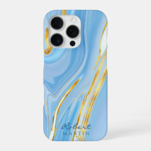Funda Para iPhone 16 Pro Mármol Brillante Dorado Cielo Azul Personalizable