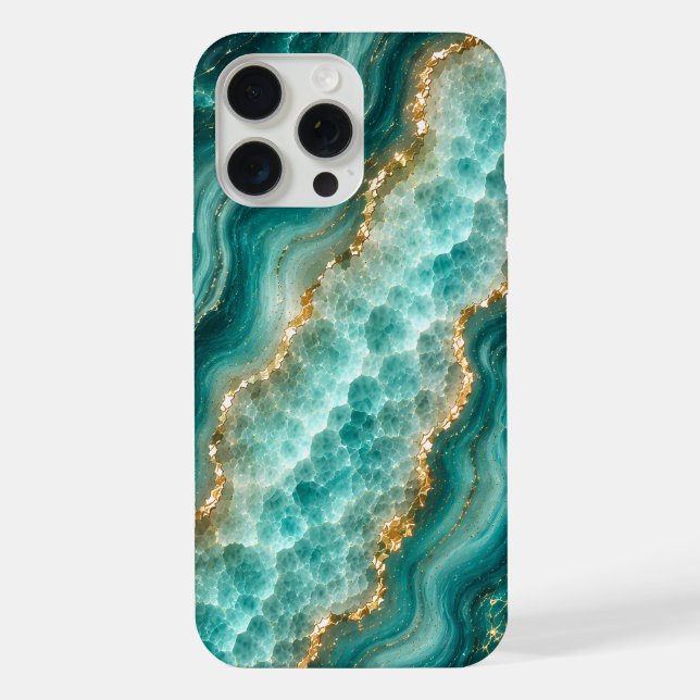 Funda Para iPhone Mármol de ágata turquesa de lujo con vetas de oro (Reverso )
