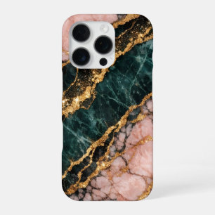 Funda Para iPhone 16 Pro mármol de brillo rosa y dorado y verde oscuro