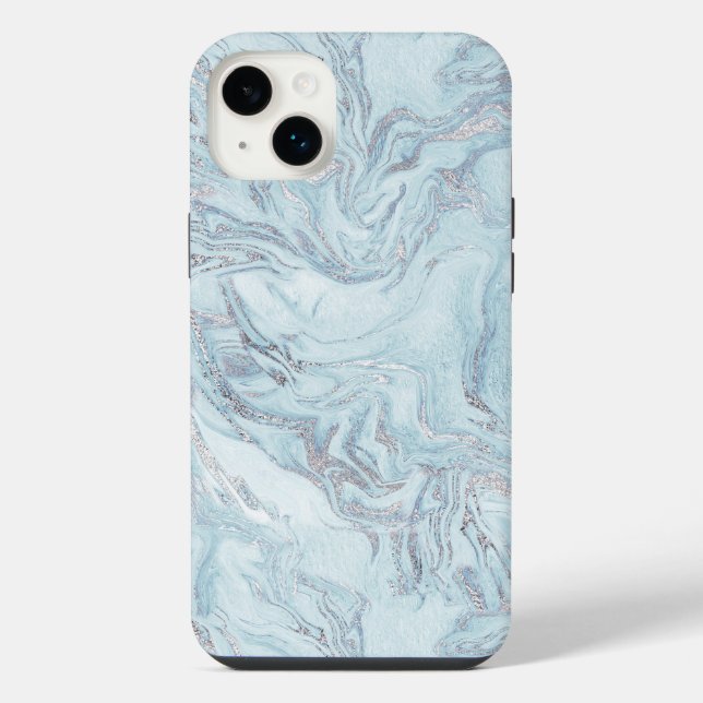 Funda Para iPhone Mármol de plata azul acuático (Reverso)