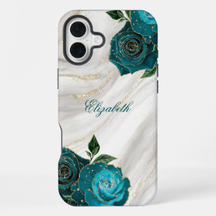 Funda Para iPhone 16 Plus Mármol Floral Dorado Azul Marino
