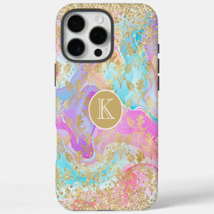 Funda Para iPhone 16 Pro Max Mármol Líquido Colorido Monograma Floral Dorado