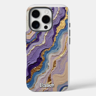 Funda Para iPhone 16 Pro Mármol morado y azul girando con oro