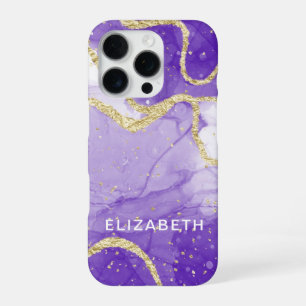 Funda Para iPhone 16 Pro mármol morado y dorado personalizado con brillo