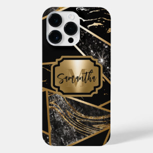 Funda Para iPhone 14 Pro Max Mármol negro y mosaico geométrico Purpurina