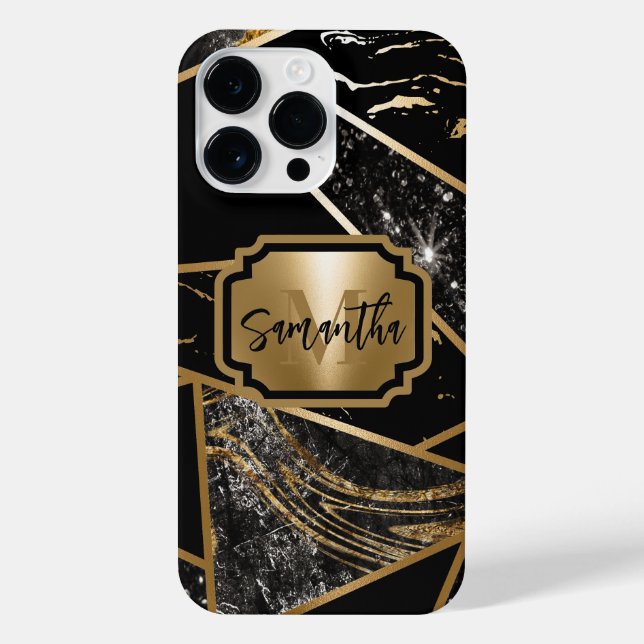 Funda Para iPhone Mármol negro y mosaico geométrico Purpurina (Reverso)