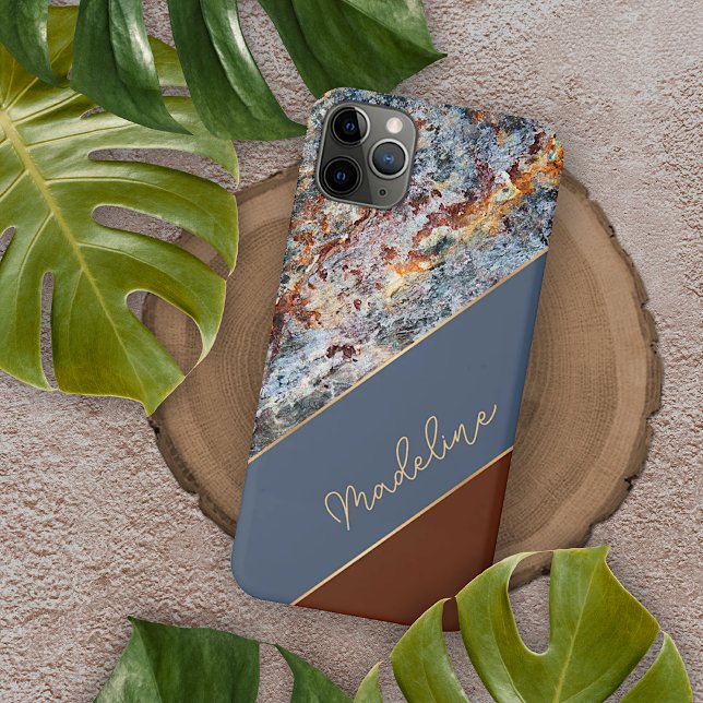 Funda Para iPhone Mármol personalizado ámbar marrón azul oscuro Chic (Subido por el creador)