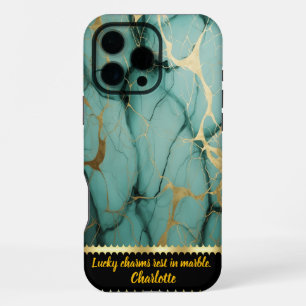 Funda Para iPhone 16 Pro Max mármol verde azulado y dorado con motivos complica