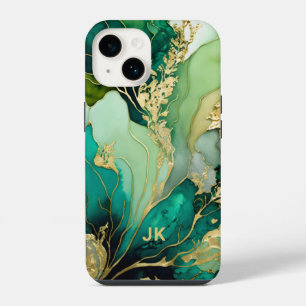 Funda Para iPhone 14 Mármol Verde Oro Moderno Monograma Personalizado