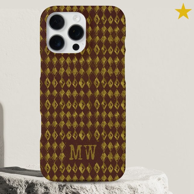 Funda Para iPhone Maroon Gold Doodle Diamond Pattern Custom Monogram (Subido por el creador)