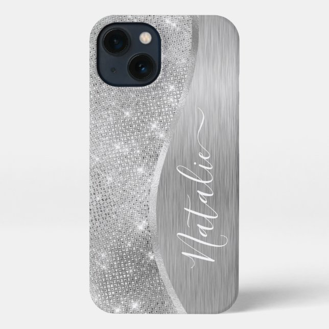 Funda Para iPhone Metálico personalizado del Purpurina de plata Glam (Reverso )