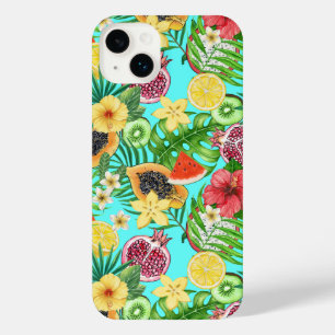 Funda Para iPhone 14 Plus Mezcla tropical, flores y hojas en azul