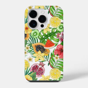 Funda Para iPhone 14 Pro Mezcla tropical, flores y hojas en blanco