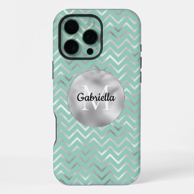 Funda Para iPhone Mint Silver Zigzag Stripes Monograma (Reverso )