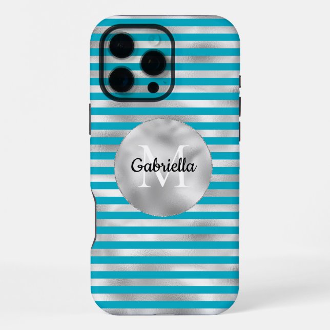 Funda Para iPhone Moda Aqua Silver Stripes Monograma (Reverso )