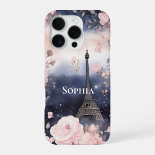 Funda Para iPhone 16 Pro Moda Azul Rosa Floral París Torre Eiffel