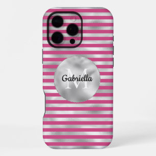 Funda Para iPhone 16 Pro Max Moda Bandas de plata rosada Monograma