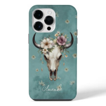 Moda Boho Acuarela Verde azulada Floral Cow Skull