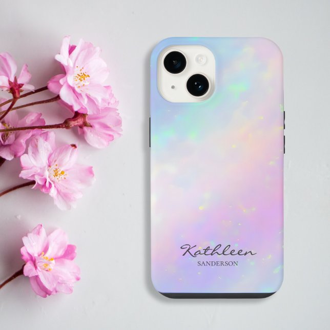 Funda Para iPhone Moda Girly Pink Monograma iPhone 13 Pro Funda (Chic girly iridescent blush pink phone case for iPhone and Samsung customizable with name in script)