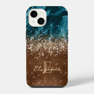 Funda Para iPhone 14 Moda Monograma de mármol Purpurina de color turque